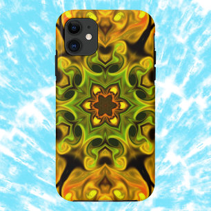 Capa Para iPhone 11 Psicodélico Mandala Flor Verde e Amarelo