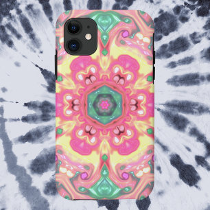 Capa Para iPhone 11 Psicodélico Mandala Flor Verde Rosa e Amarelo