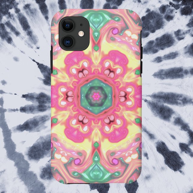 Capa Para iPhone 11 Psicodélico Mandala Flor Verde Rosa e Amarelo (Criador carregado)