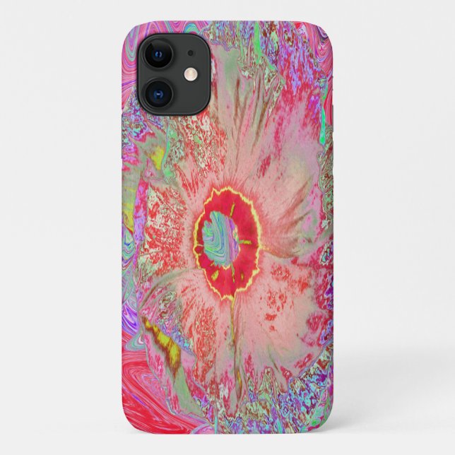 Capa Para iPhone 11 Psicodélico Retro Coral Arco-Íris Hibiscus (Verso)