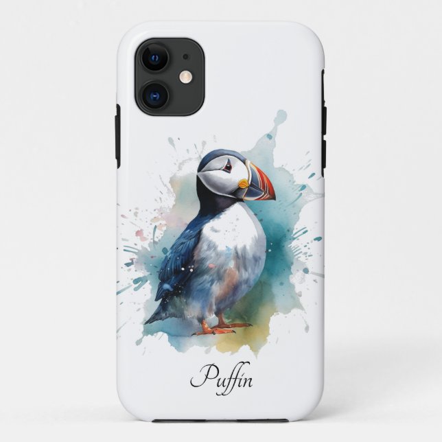 Capa Para iPhone 11 Puffin branco em cor azul-d'água, personalizável (Verso)