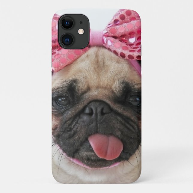 Capa Para iPhone 11 Pug com Arco rosa (Verso)