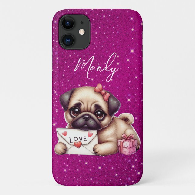 Capa Para iPhone 11 Pug Dia de os namorados Personalizado Pug Puppy Lo (Verso)