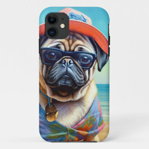 Capa Para iPhone 11 Pug on Beach, presente de verão para o amante do c
