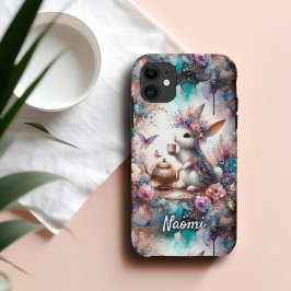 Capa Para iPhone 11 Purple Teal Watercolor Floral Tea Party Bunny