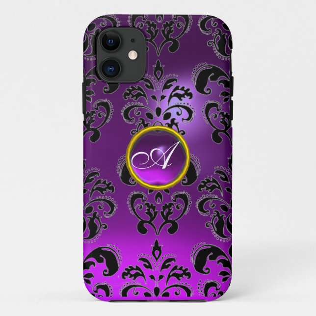 Capa Para iPhone 11 Púrpura DAMASK GEM MONOGRAM (Verso)