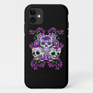 Capa Para iPhone 11 Púrpura Floral Triplo De Açúcar Dia Dos Mortos