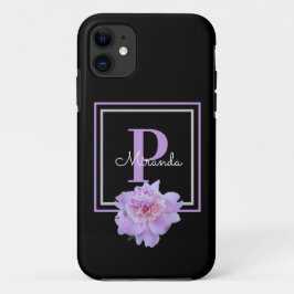 Capa Para iPhone 11 Púrpura Monograma Cor-de-rosa Flor Preto
