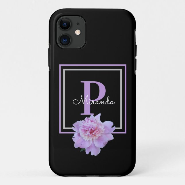 Capa Para iPhone 11 Púrpura Monograma Cor-de-rosa Flor Preto (Verso)