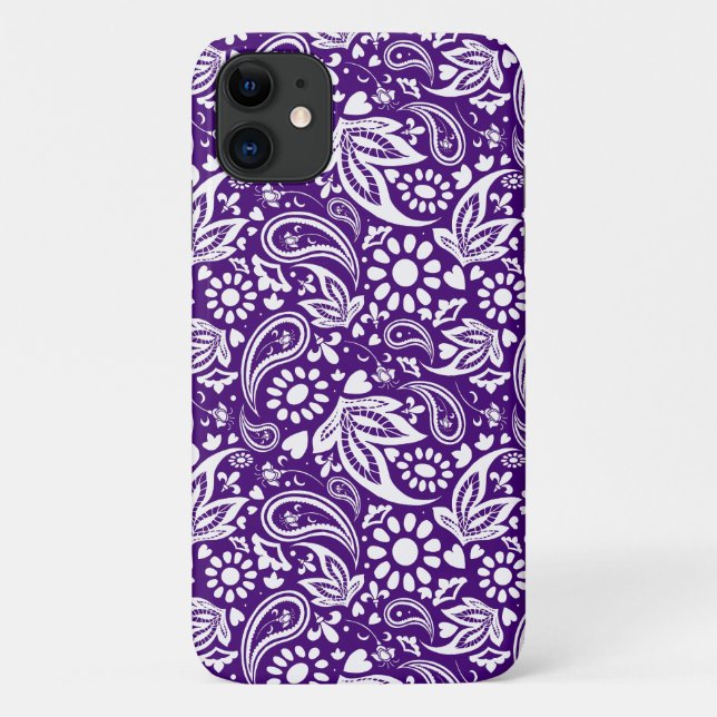 Capa Para iPhone 11 Púrpura na moda e Paisley do Boho Branco, Padrão (Verso)