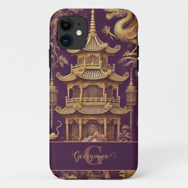 Capa Para iPhone 11 Púrpura Personalizada e Chinoiserie Victoriana Dou (Verso)
