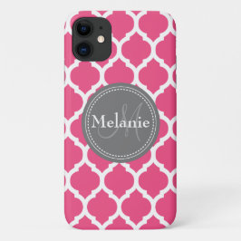 Capa Para iPhone 11 Quatrefoil Rosa Brilhante Monograma e Cinza