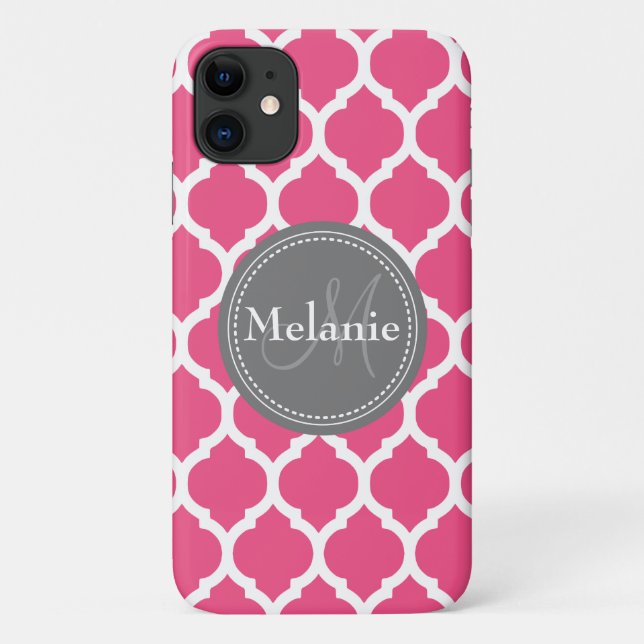 Capa Para iPhone 11 Quatrefoil Rosa Brilhante Monograma e Cinza (Verso)