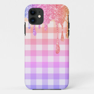 Capa Para iPhone 11 Rainbow Glitter ombré Xadrez Gingham Bonito Case 