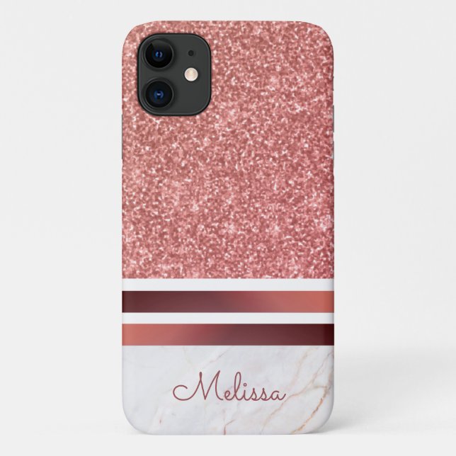 Capa Para iPhone 11 Rapariga Rosa Dourada Stripes Faux Glitter com Nom (Verso)
