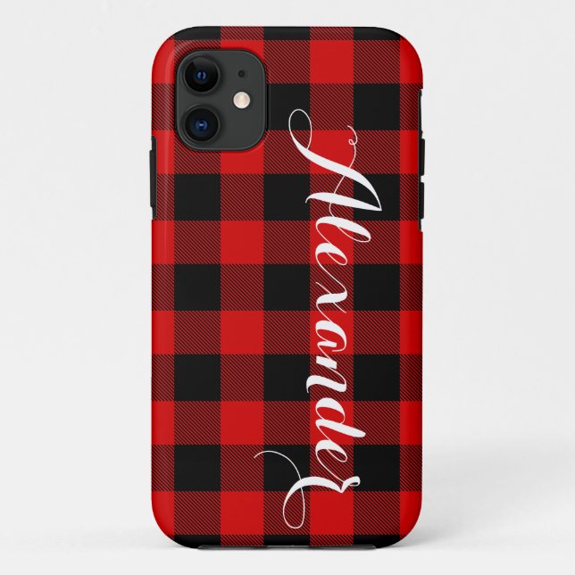 Capa Para iPhone 11 Red Black Buffalo Check Nome da Xadrez Monograma N (Verso)