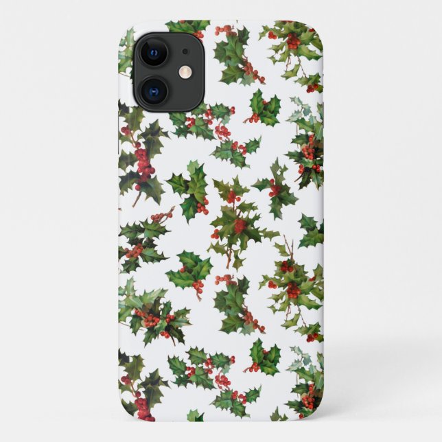Capa Para iPhone 11 Red Festivo e Green Vintage Holly (Verso)