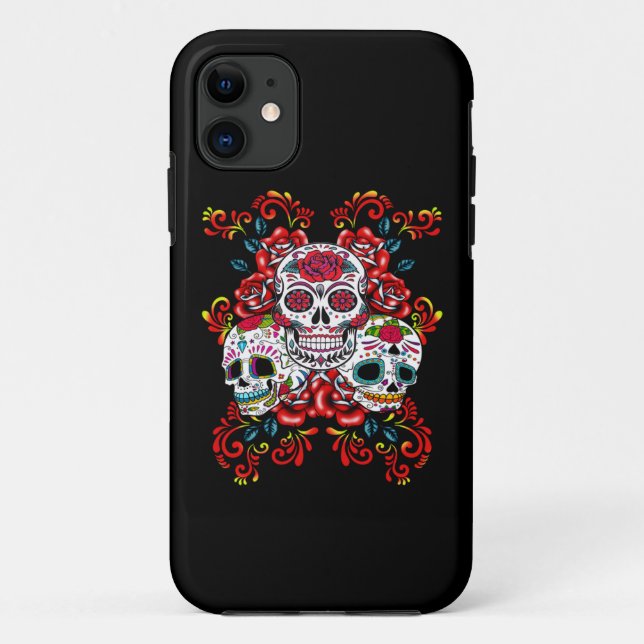 Capa Para iPhone 11 Red Floral Triple Sugar Skull Dia dos Mortos (Verso)