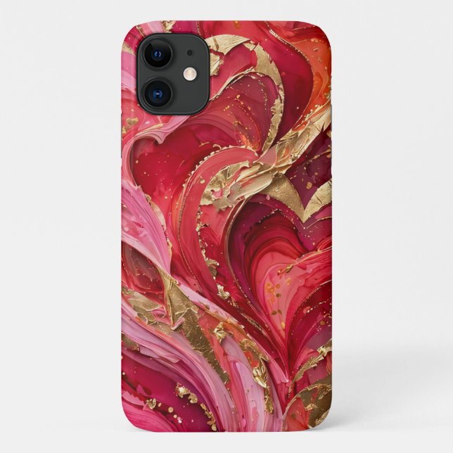 Capa Para iPhone 11 Red & Pink Marble Gold iPhone 11 Case (Verso)