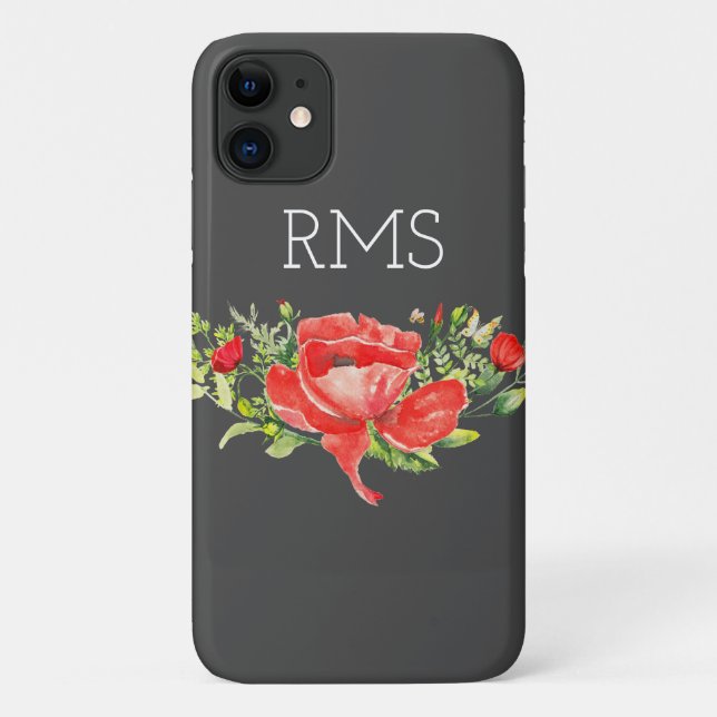Capa Para iPhone 11 Red Poppy no Monograma Personalizável de Cinzas (Verso)