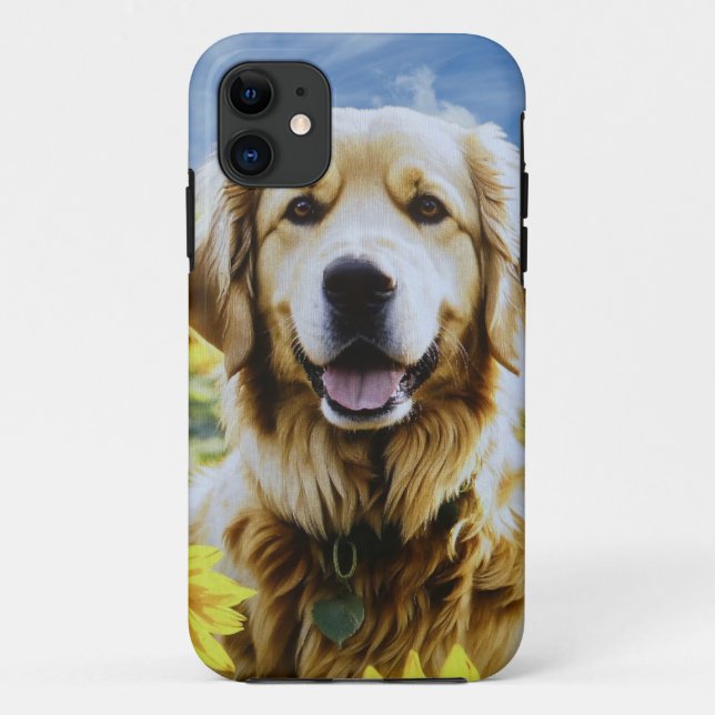 Capa Para iPhone 11 Retriever de ouros em um Campo de Girassol (Verso)