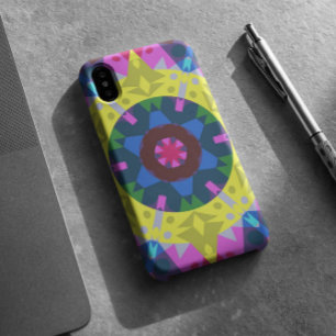 Capa Para iPhone 11 Retro Mandala Flor Azul Amarelo e Rosa