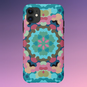 Capa Para iPhone 11 Retro Mandala Flor Azul Cor-de-rosa e Verde