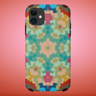Capa Para iPhone 11 Retro Mandala Flor Azul Verde e Rosa