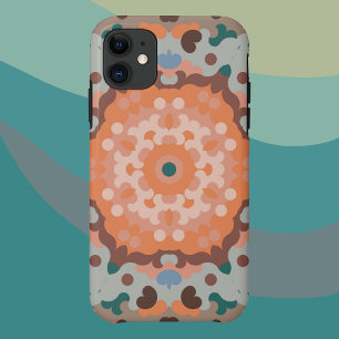 Capa Para iPhone 11 Retro Mandala Flor Laranja Azul e Castanho