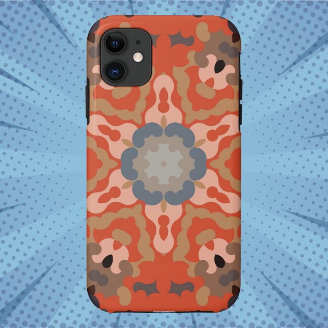 Capa Para iPhone 11 Retro Mandala Flor Laranja Azul e Tan (Criador carregado)