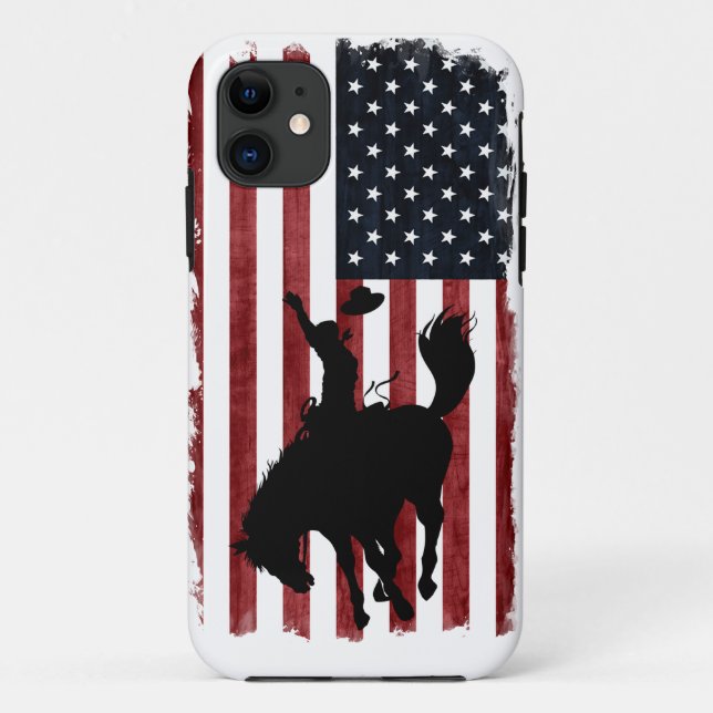 Capa Para iPhone 11 Rodeo Cowboy Bandeira Patriótica Grunge (Verso)