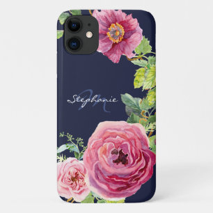 Capa Para iPhone 11 Rosa Azul Cor Floral de Peony Azul Marinho