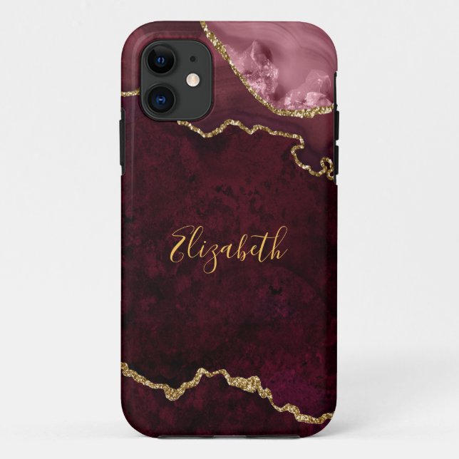 Capa Para iPhone 11 Rosa de Aquarela Dourada de Marble Agate Geode (Verso)
