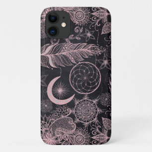 Capa Para iPhone 11 Rosa Dourada Glitter Dreamcatcher Feather Mandala