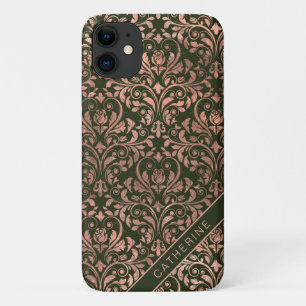 Capa Para iPhone 11 Rosa Dourado Chic Damask Nome Personalizado