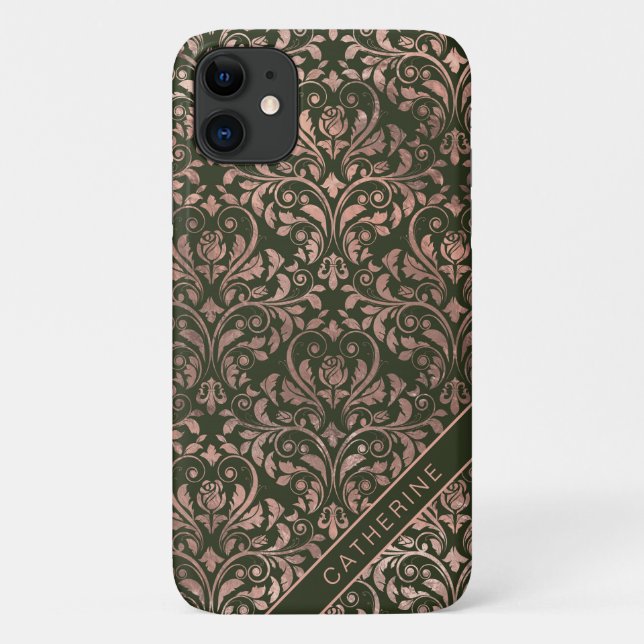 Capa Para iPhone 11 Rosa Dourado Chic Damask Nome Personalizado (Verso)