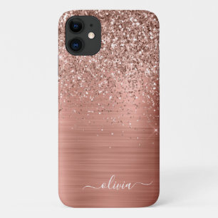 Capa Para iPhone 11 Rosa Dourado Glitter Monograma de Metal Polido