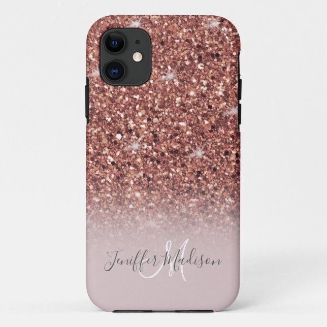 Capa Para iPhone 11 Rosa dourado glitter Nome Personalizado            (Verso)