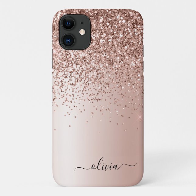Capa Para iPhone 11 Rosa Dourado - Nome do Monograma do Metal com Lant (Verso)