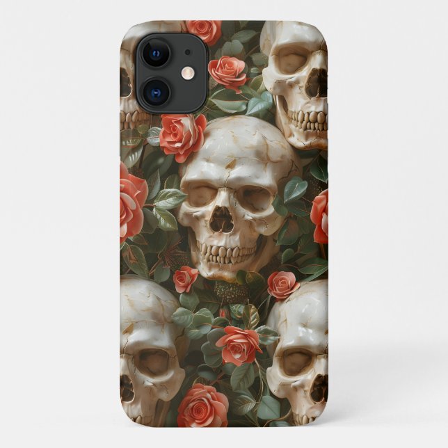 Capa Para iPhone 11 Rosa e design de crânios (Verso)