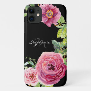 Capa Para iPhone 11 Rosa Floral de de Peony Preto e Rosa Modernos