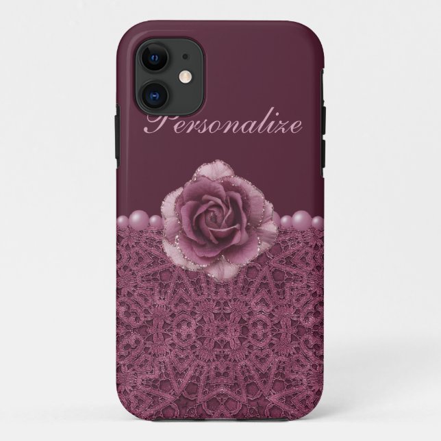 Capa Para iPhone 11 Rosa, laço & pérolas elegantes do roxo (Verso)