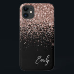 Capa Para iPhone 11 Rosa Rosa Rosa Dourada, Rosa Negra Negra, Monogram<br><div class="desc">Negra-menina e Rosa Dourado - Faísca rosa-rosa-pincelada e esfregando brilho no nome do monograma de metal escovado e telefone inicial. Isto faz o doce e perfeito aniversário de 16 anos, casamento, chá de panela, aniversário, chá de fraldas ou festa de solteira presente para alguém que ama luxo de luxo e...</div>