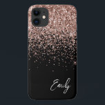 Capa Para iPhone 11 Rosa Rosa Rosa Dourada, Rosa Negra Negra, Monogram<br><div class="desc">Negra-menina e Rosa Dourado - Faísca rosa-rosa-pincelada e esfregando brilho no nome do monograma de metal escovado e telefone inicial. Isto faz o doce e perfeito aniversário de 16 anos, casamento, chá de panela, aniversário, chá de fraldas ou festa de solteira presente para alguém que ama luxo de luxo e...</div>