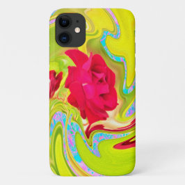 Capa Para iPhone 11 Rosa Vermelha Abstrata em Redemoinho Amarelo e Aqu