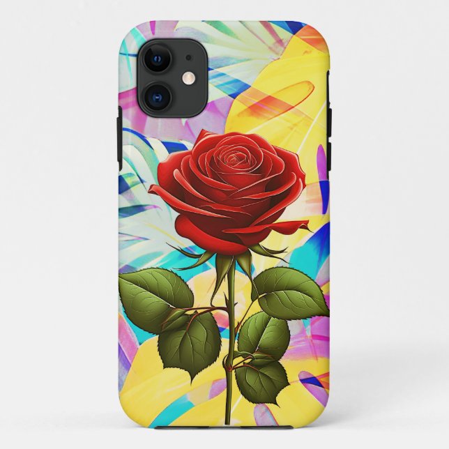 CAPA PARA iPhone 11 ROSA VERMELHA COM FUNDO GEOMÉTRICO MODERNO DA NATU (Verso)