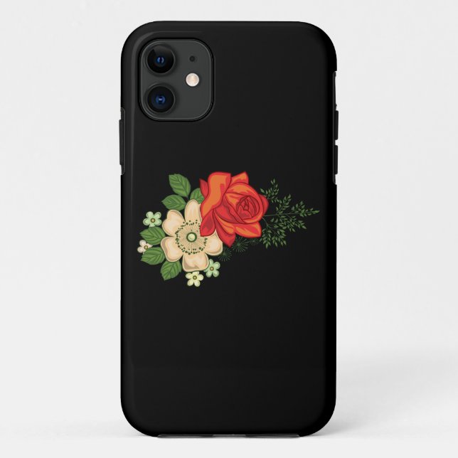 Capa Para iPhone 11 Rosa vermelha e margaridas (Verso)
