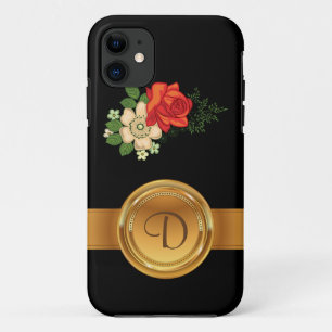 Capa Para iPhone 11 Rosa Vermelha e Margaridas Monograma Nome em Doura