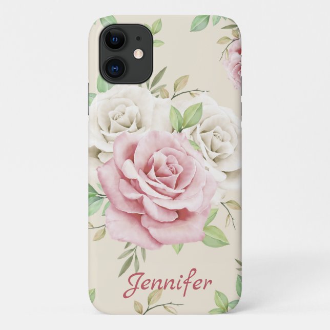 Capa Para iPhone 11 Rosado Branco Chic Flores Rosas Folhas Verdes Flor (Verso)