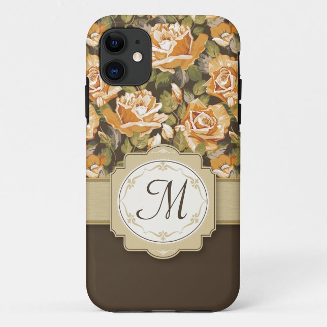 Capa Para iPhone 11 Rosas amarelos Dourados em Brown com monograma (Verso)